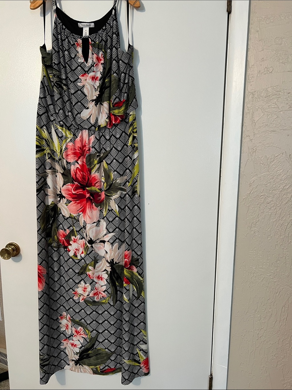 White House Black Market Black Maxi Dress with Pink Floral Print